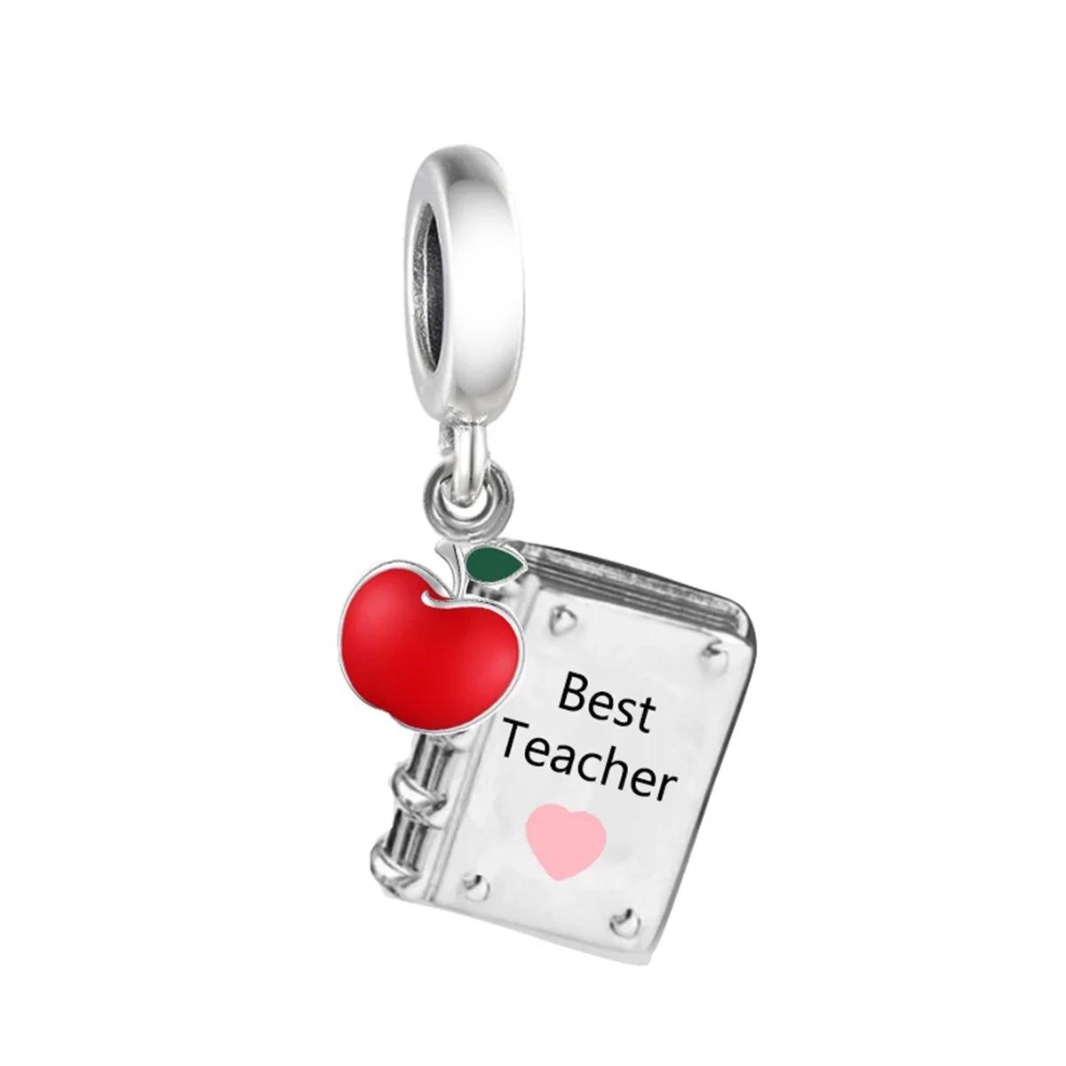 Fit Original Pan Charm Bracelet 925 Silver Teacher Book Scroll Apple Bead For Making Congratulate Graduation Berloque