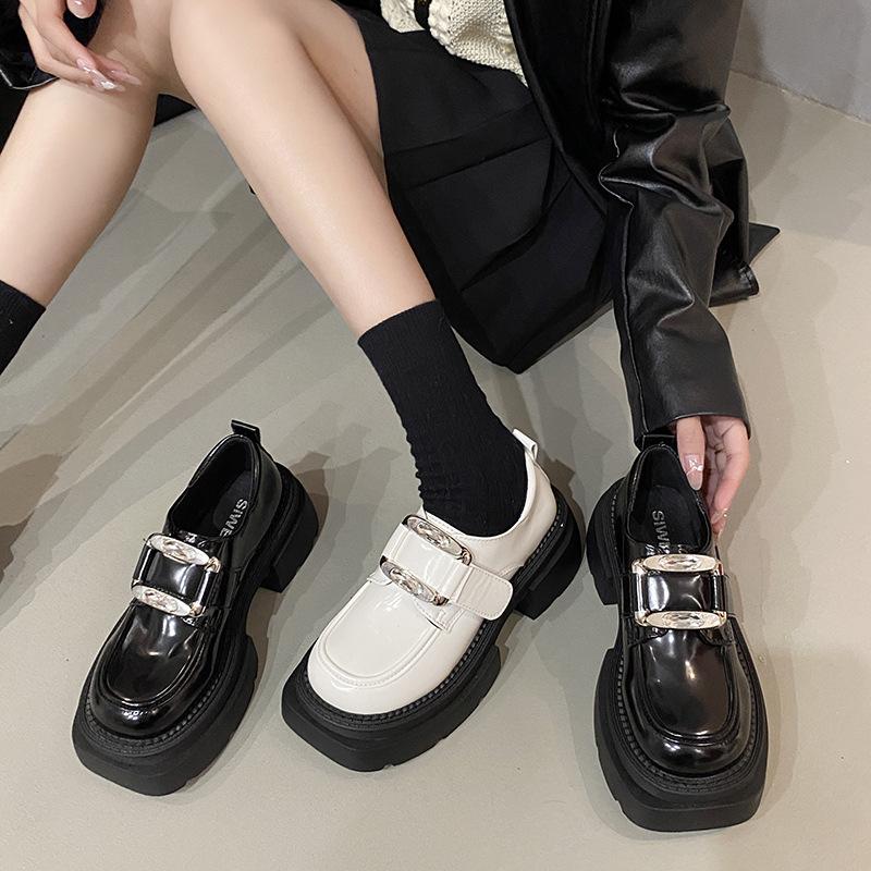 Women's Spring New Leather Velcro Retro Versatile Platform Single Shoes British Style Small Leather Shoes