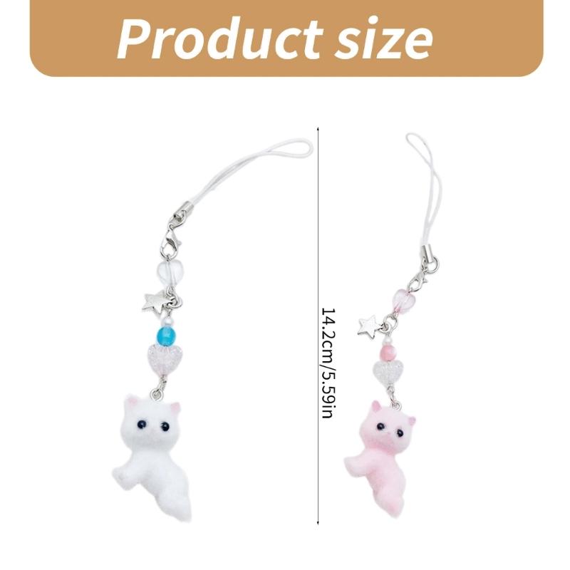 Sweet Phone Chain Strap Lanyard Flocking Cat Bead Pendant Phone Charm Hanging Decoration Cute Phone Accessories