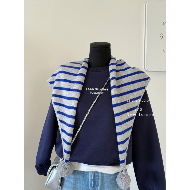 A Retro Hong Kong style Knitted Striped Pom pom with A Vintage Triangular Scarf Over It A Warm Autumn and Winter Decorative Shawl Scarf for Women