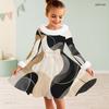Girls High Neck Long Sleeve Printed A Line Flare Dress Blue Green Furry Trim Bow
