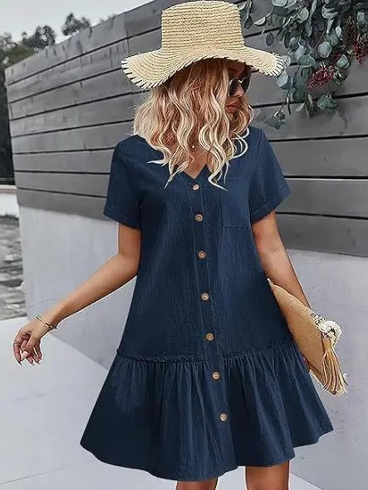Abito estivo corto casual in cotone e lino per donna, scollo a V, ruches, manica corta, abito corto, moda da donna, abiti larghi con bottoni