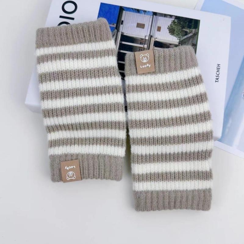 

Зимние полосатые короткие вязаные теплые рукава студенческие перчатки для мужчин и женщин бежевый
