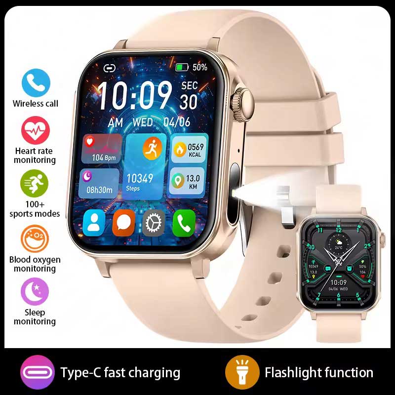 LUCKY START Type-C Fast Charging Smart Watch Men Women Health Manager Bluetooth Call LED Flashlight Waterproof Sport Fitness Smartwatch