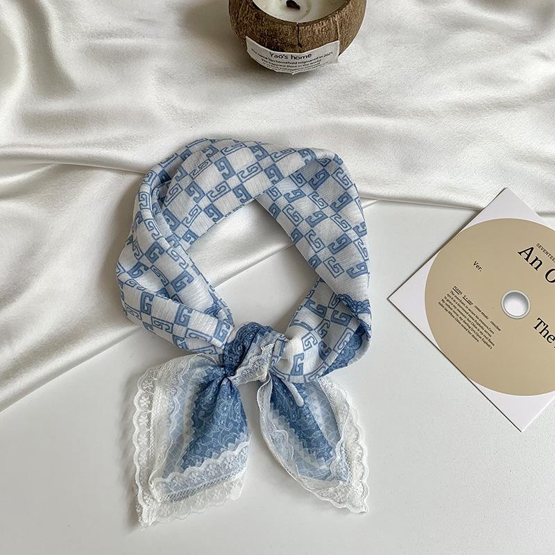 Headscarf summer female pastoral style sweet and fresh decorative scarf lace silk scarf neck small square hair accessories