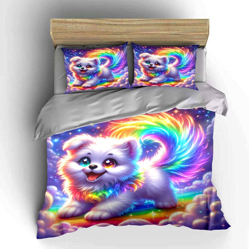 Rainbow Puppy In Sparkling Sky Duvet Cover Set With 3D Printing Design Soft Polyester Bedding Set All-Season Comfort For Gifts