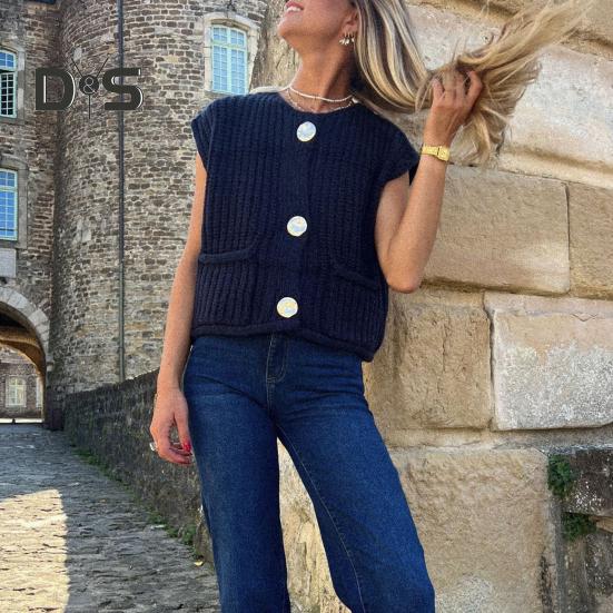 Women Sweater Vest V-neck Sleeveless Button Down Cardigan with Pockets Solid Color Loose Fit Crochet Knit Tops