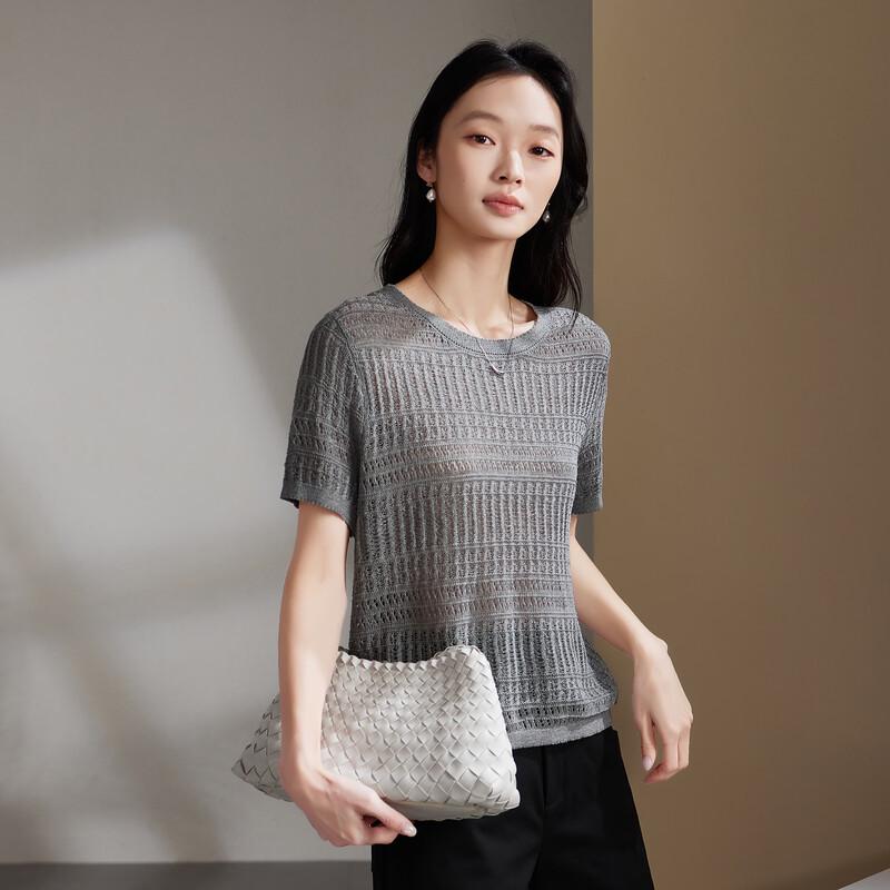 SOFSIL Women's 2026 Summer Hollow-Out Knit Short-Sleeve T-Shirt