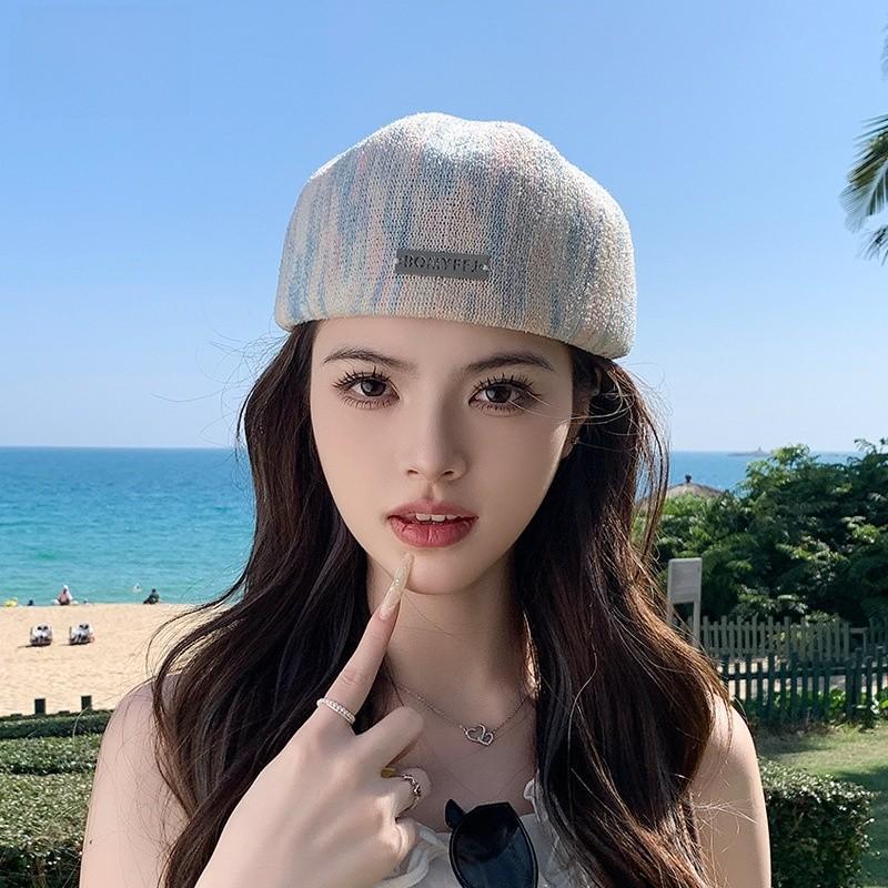 Womens Vintage Style Beret Cap With Short Brim Sunshade Breathable Polyester Summer Accessory