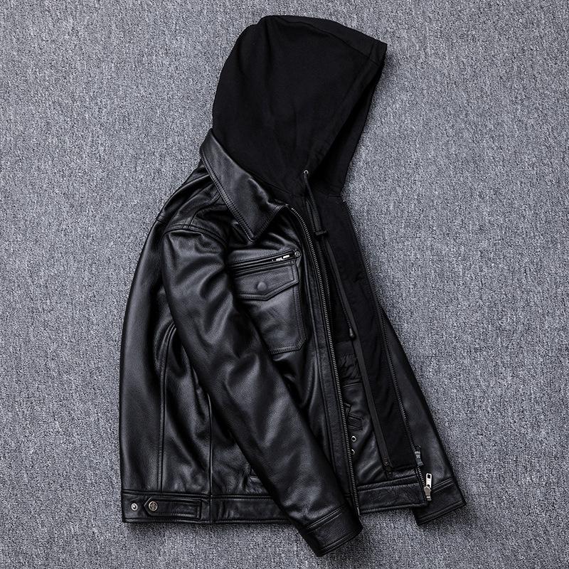 Top Layer Cowhide Genuine Leather Leather Jacket for Men Slim Lapels That Can Be Taken Off with Hooded Motorcycle Jacket