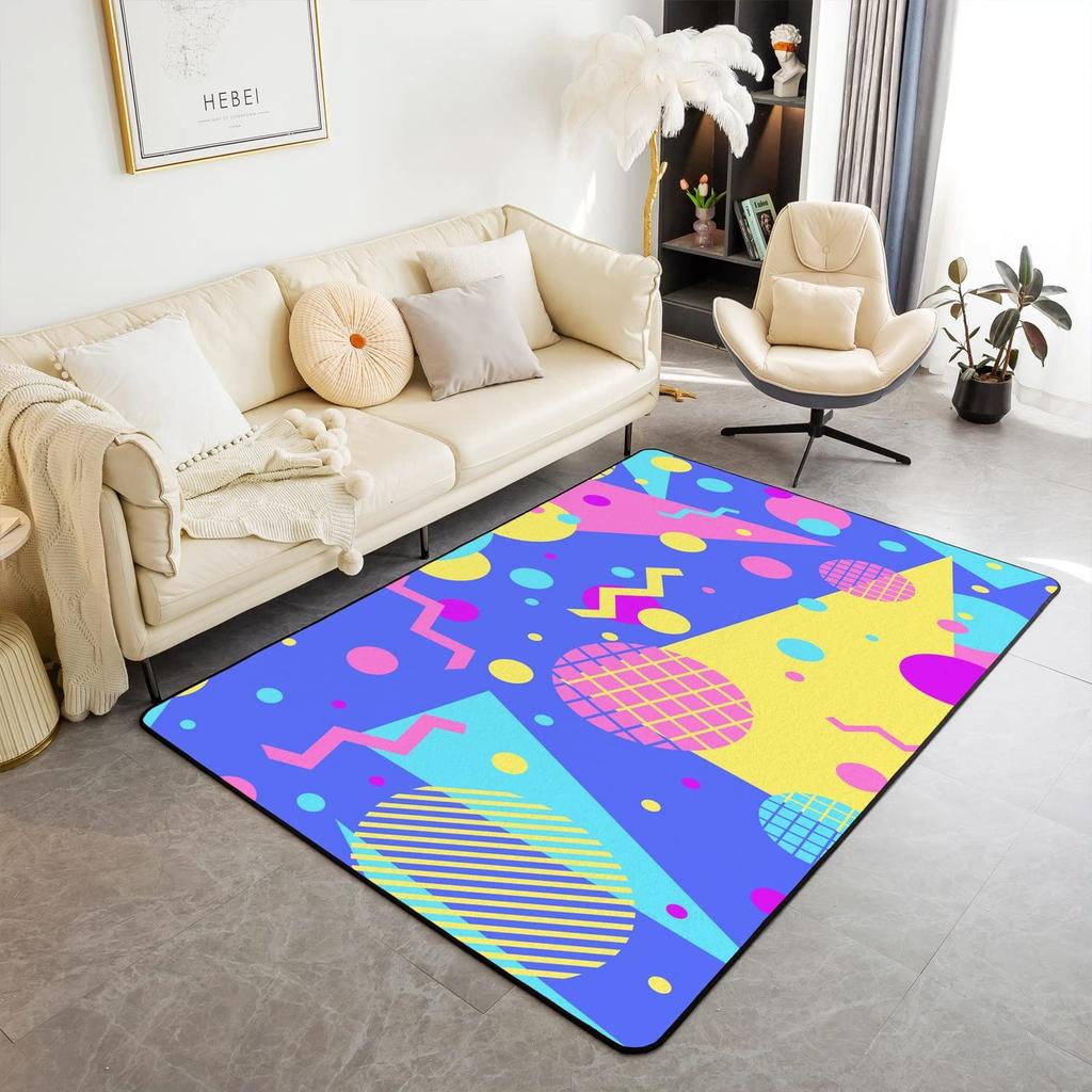 Memphis Area Rug, Hipster Retro Doormat, 80s 90s Hip Hop Funky Colorful Pop Art Inspired Carpet for Playroom Geometric Floor Mat