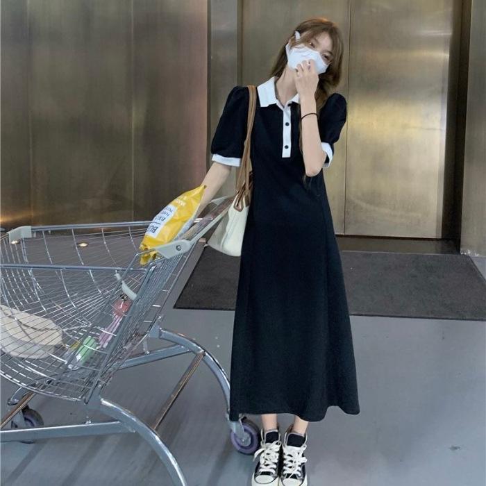 POLO Neck Bubble Sleeve Dress Women's Summer Waist Thin Korean Casual Sports Style Long Dress Gray A-shaped Skirt