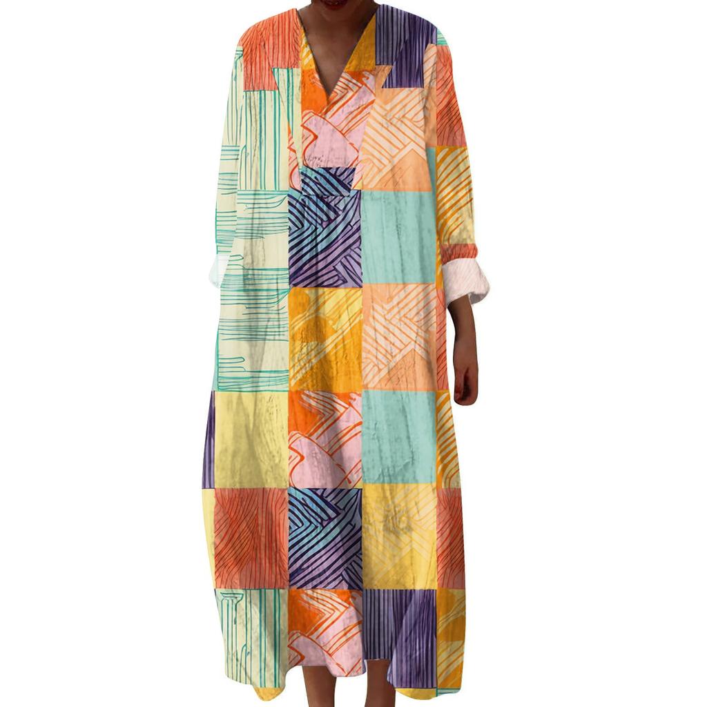 Women's Casual And Fashionable V-Veck Printed Long Sleeved Dress Long Sleeved Dress