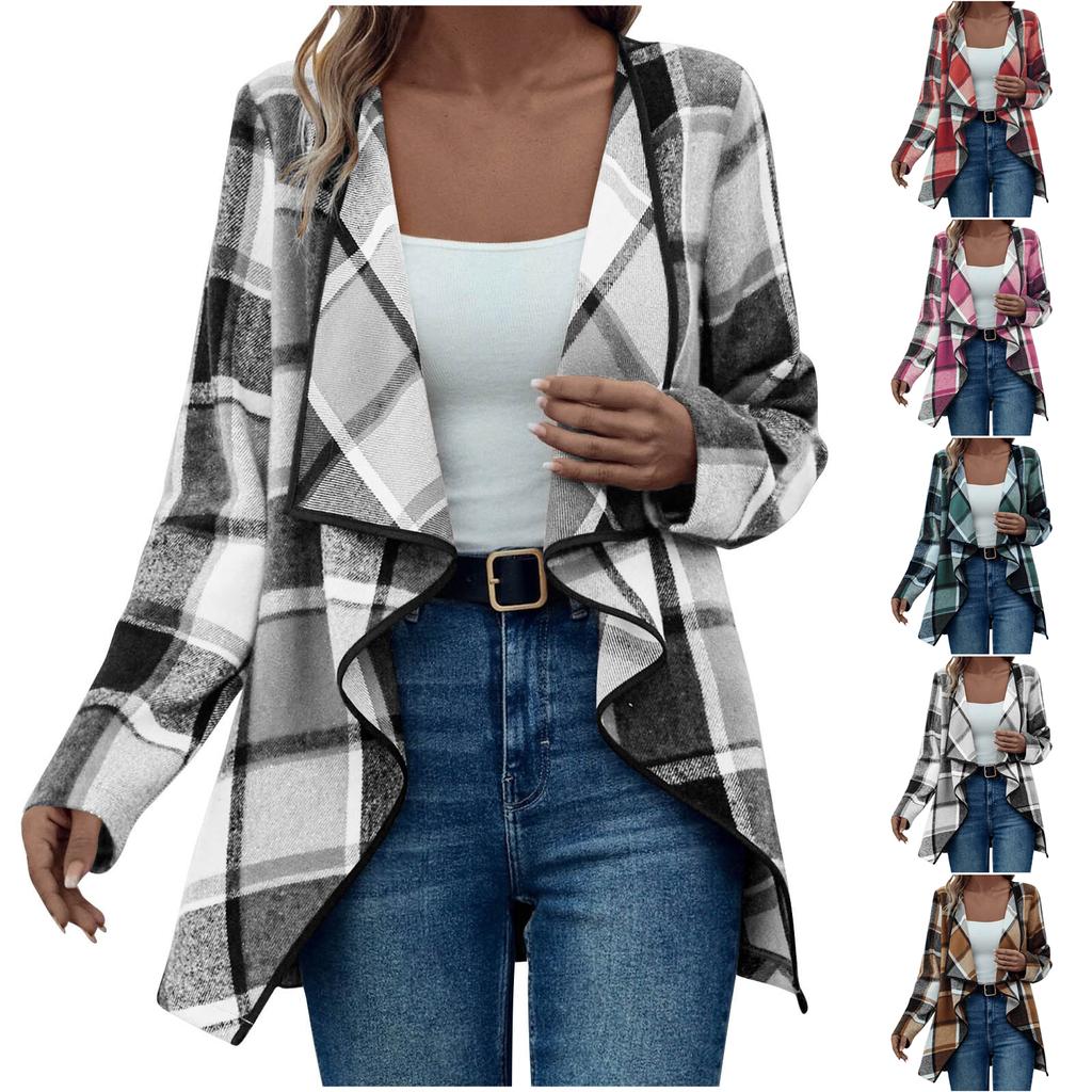 Ladies' Plaid Printed Fashionable Long Sleeved Jacket Cardigan
