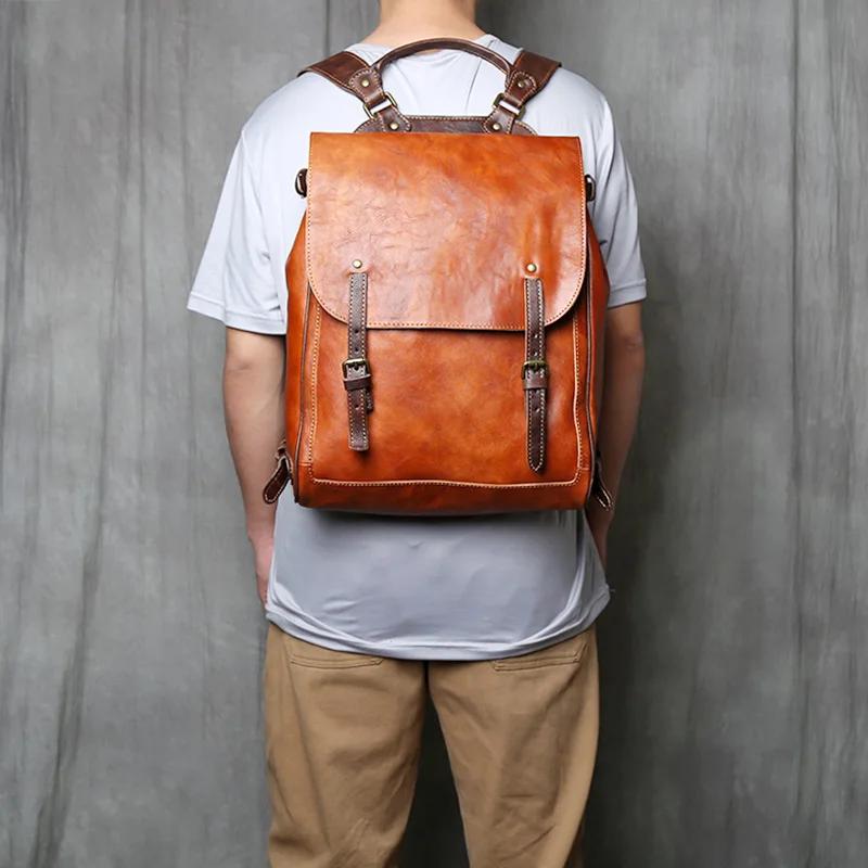 NZPJ Retro Genuine Leather Men Backpack Vegetable Tanned Top Layer Cowhide Backpack Fashionable computer bag for 15 inch laptop