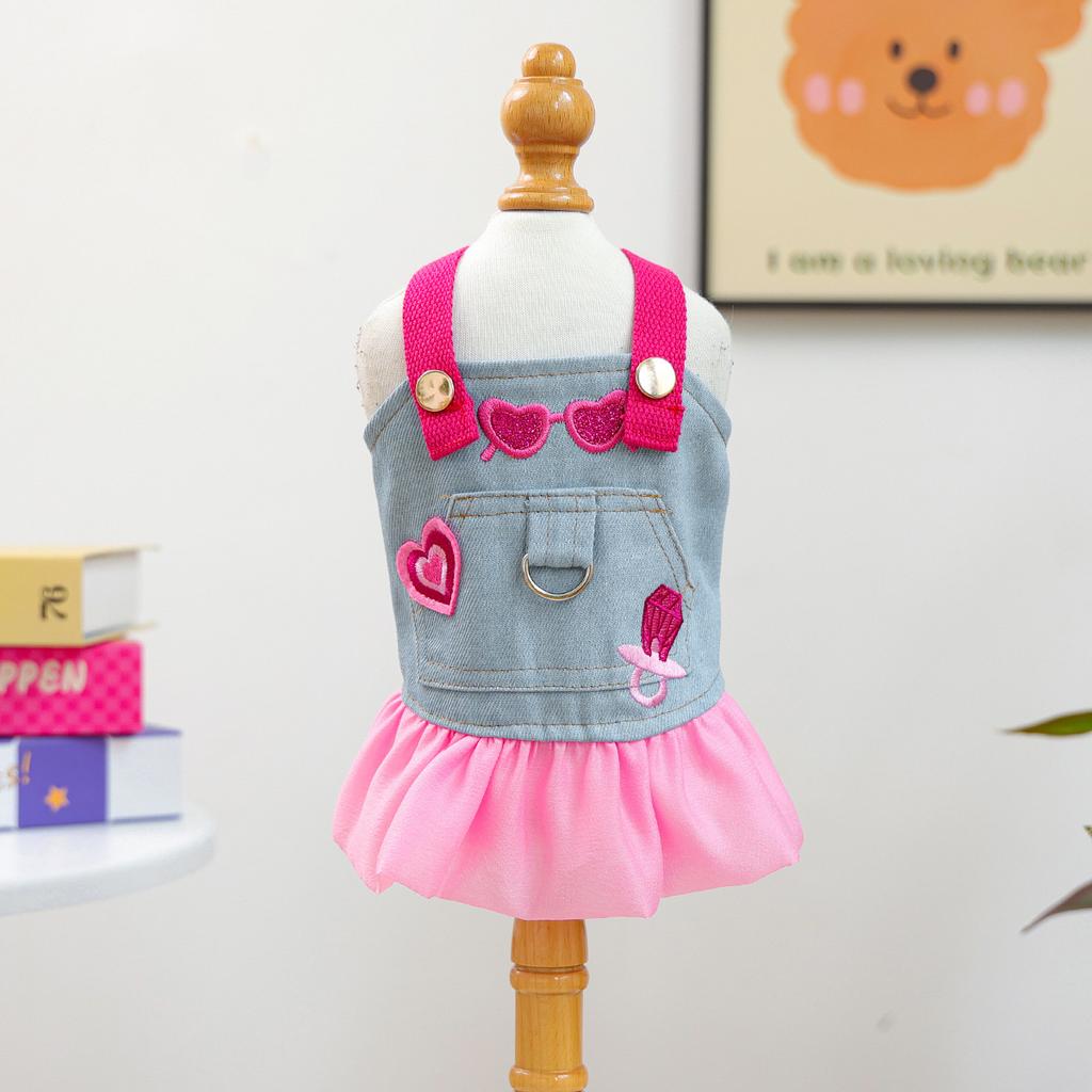 Pet circle dog cat clothes pocket skirt collection denim flower medium and small dog small red flower strap dress