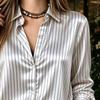 Satin-gestreifte Langarm-Revershemd, elegantes beiges Freizeit-Damenoberteil, perfekt für den Herbst, vielseitige schicke Damen-Bürobluse