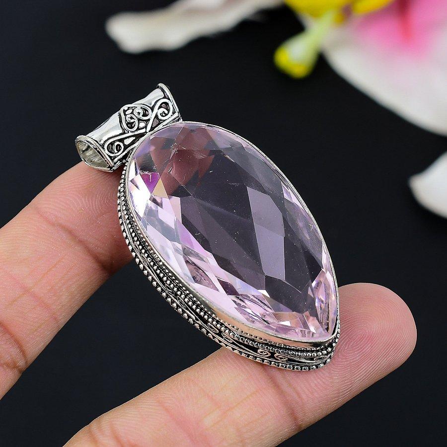 Pink Kunzite Gemstone Handmade 925 Sterling Silver Jewelry Pendant 1.54" KG-111