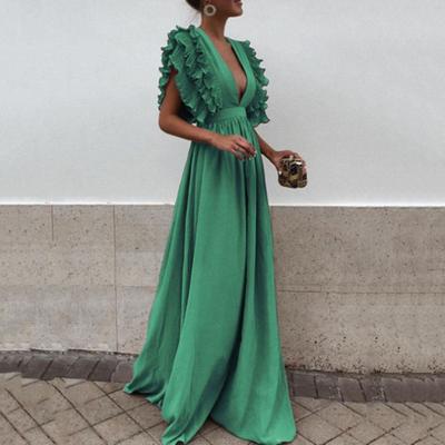 Rochie de seară pentru femei, decolteată, cu decolteu în V, mâneci zburătoare, în straturi, cu volane, plisate, talie înaltă, de culoare uni, până la podea, rochie maxi pentru petrecere de cocktail de absolvire