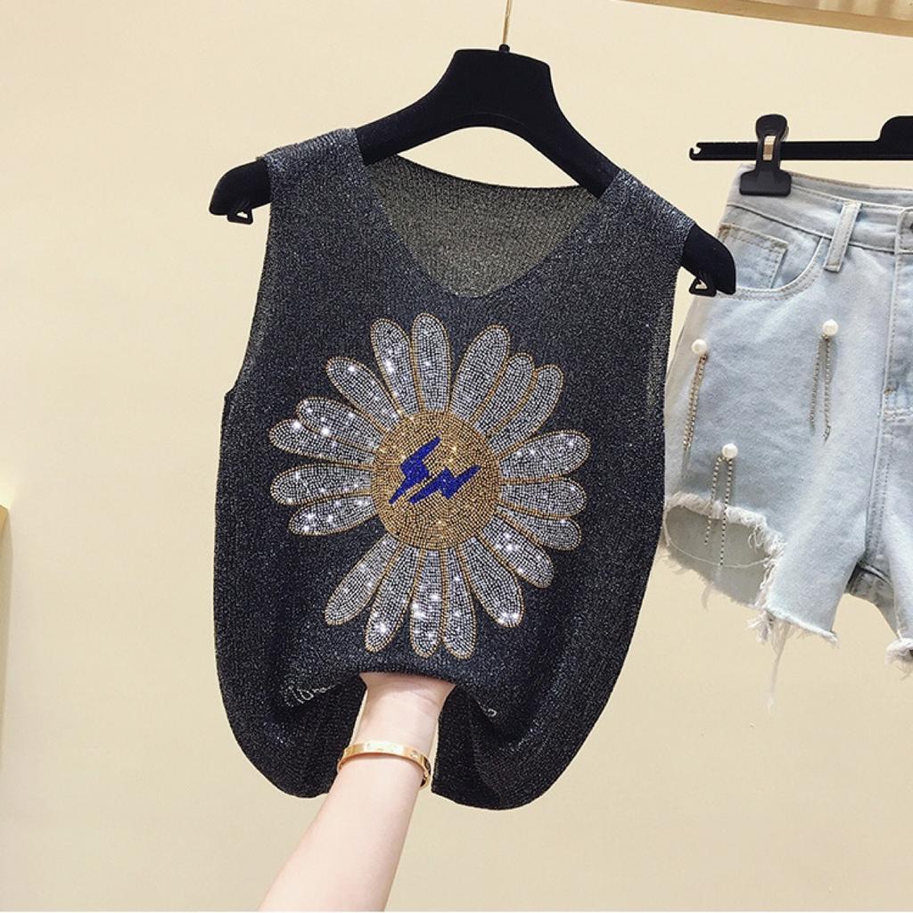 Women's Shiny Silk V-Neck Sleeveless Vest New Spring/Summer Style with Loose Fit and Diamond Accents