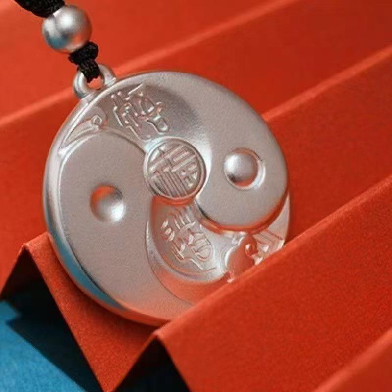 Silver Eight Trigrams Fortune Pendant - Unisex Wealth Attraction Amulet with Black Rope