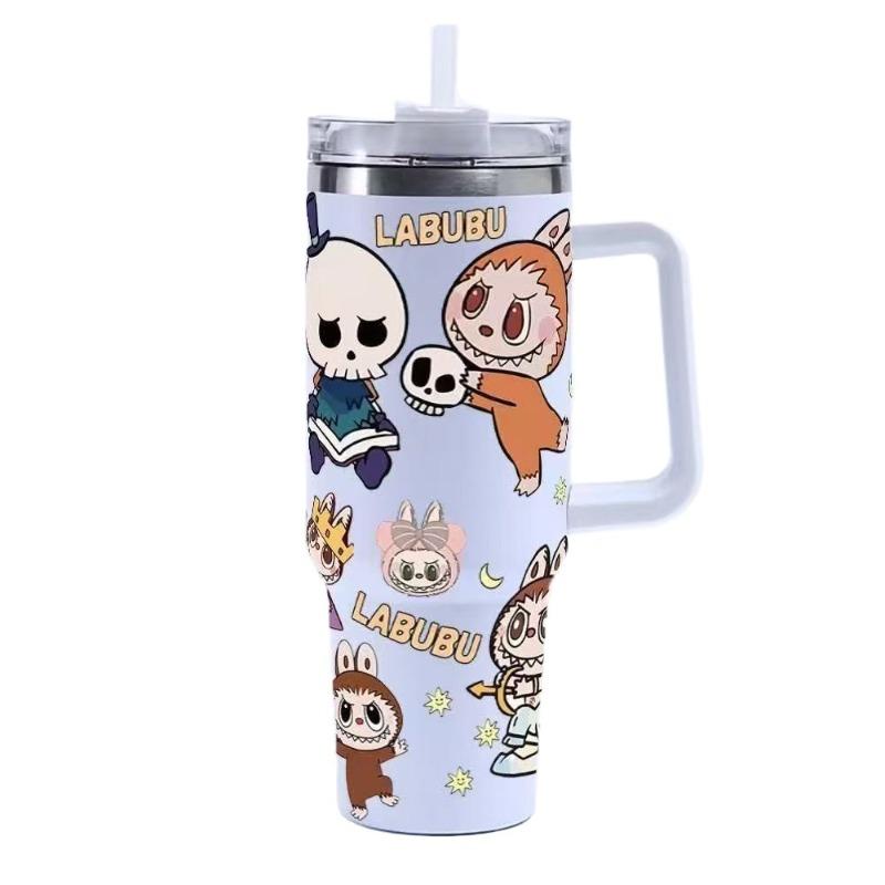 Cartoon pattern Labubu 40oz car cup 304 stainless steel thermos cup Labubu car straw Bingba cup
