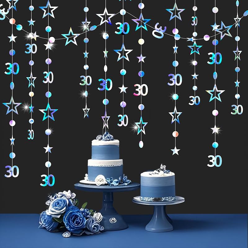 Black 30th Birthday Garland Black 30 Circle Dot Twinkle Star Streamer Hanging Bunting Banner Backdrop for Him/Her 30 Years Old Birthday Party