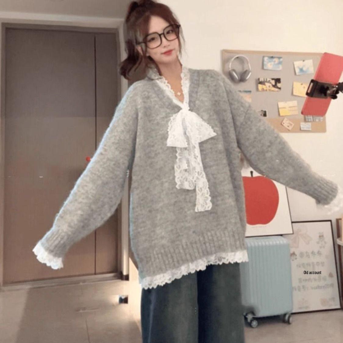 

Lace Patchwork Grey Knitted Sweater - Long Sleeve Loose Fit for Spring/Autumn 3XL сірий