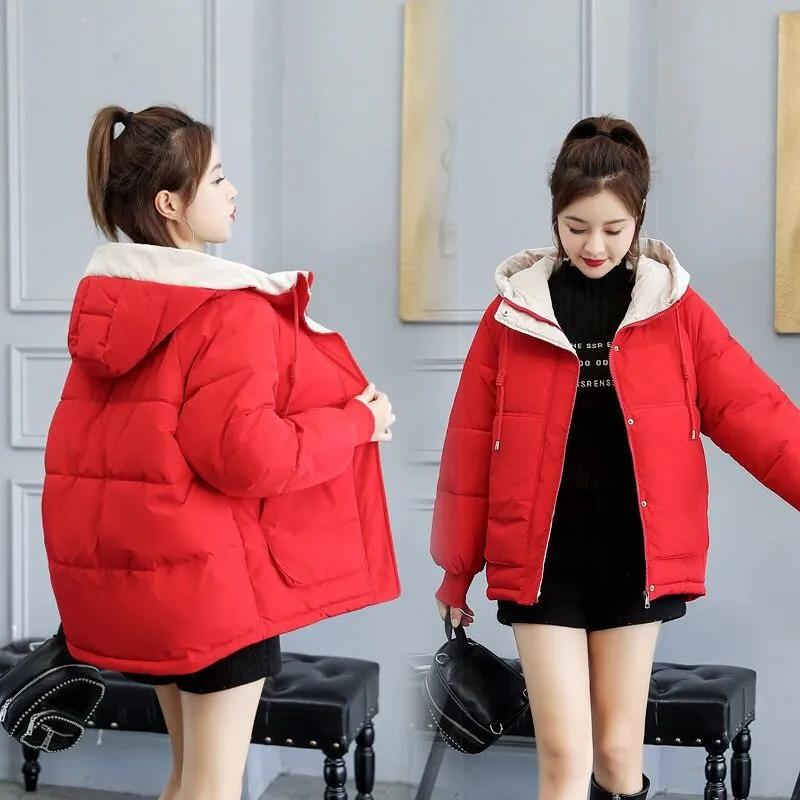 

Autumn Winter Warm Hooded Coat Women Solid Loose Down Cotton Jacket Ladies White Casual Slim Quilted Windproof Parka Outwear Padded Jacket XS красный