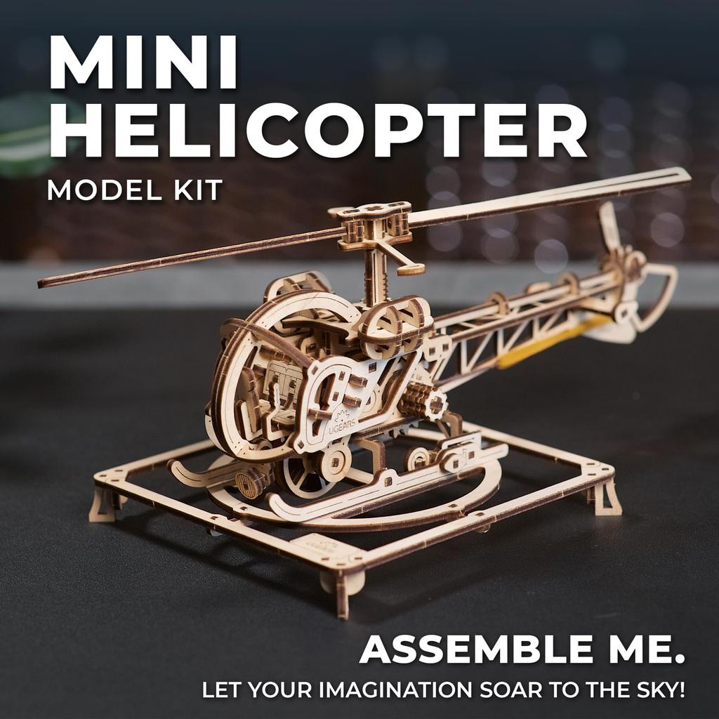 UGEARS Mini Helicopter 3D Wooden Puzzle Assembly Kit 3D Wooden Puzzle for Kids and Adults Toy Gift - -