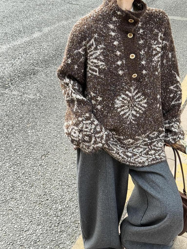 Orange Zest Fair Isle Winter 2025 Wool Blend Thick Knit High Neck Sweater for Women 5041 - Old Money Style