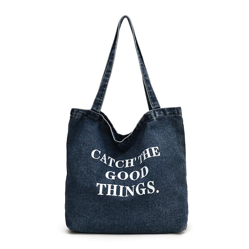 Vintage American Denim Canvas Bag ins Large Capacity Embroidered Shoulder Bag Student Class Versatile Handbag