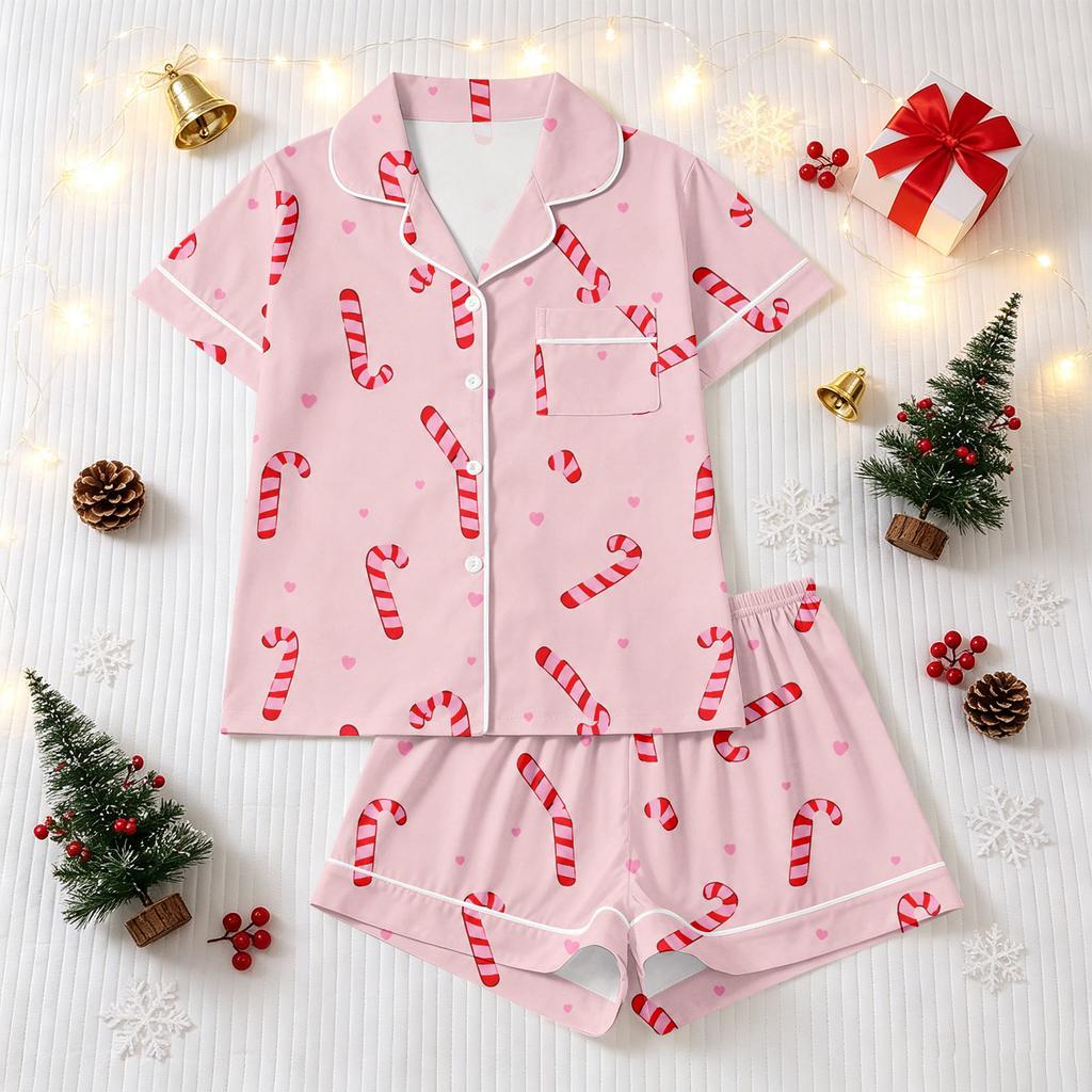 Women's Christmas Pajama Set Short Sleeve Button Down Shirt and Shorts Sleepwear