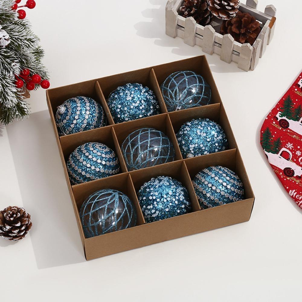9Pcs/Box DIY Crafts Xmas Tree Ornament Party Supplies Plastic Painted Ball Christmas Balls Pendant Creative Lace
