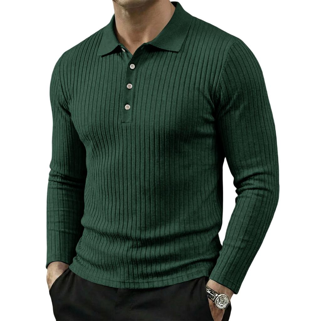 Men's Long Sleeve Polo Shirt Ribbed Texture Casual Lightweight Breathable Sport Top with Button Placket Classic Collar for Spring Autumn