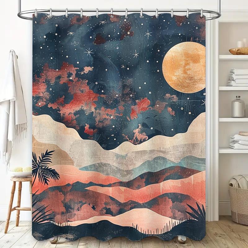 Stunning Moonlit Landscape Shower Curtain with Blue Mountain Range: Perfect for Adding a Touch of Nature-inspired Charm to Your