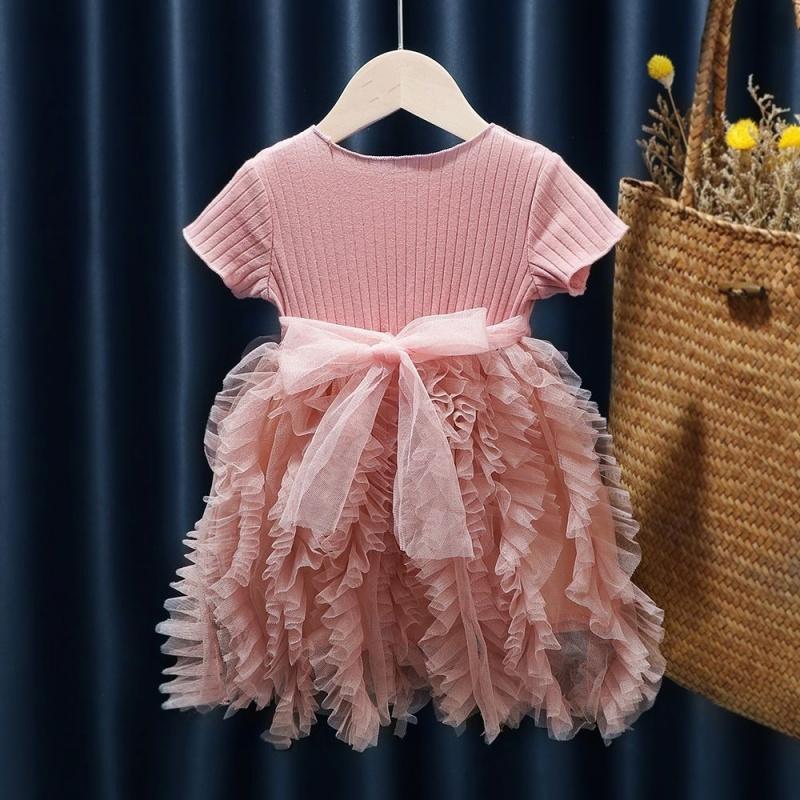 Summer Children's Clothing Solid Color Short Sleeved Girl's Princess Gauze Dress Fashionable Fluffy Spliced Cake Dress 1-7Y