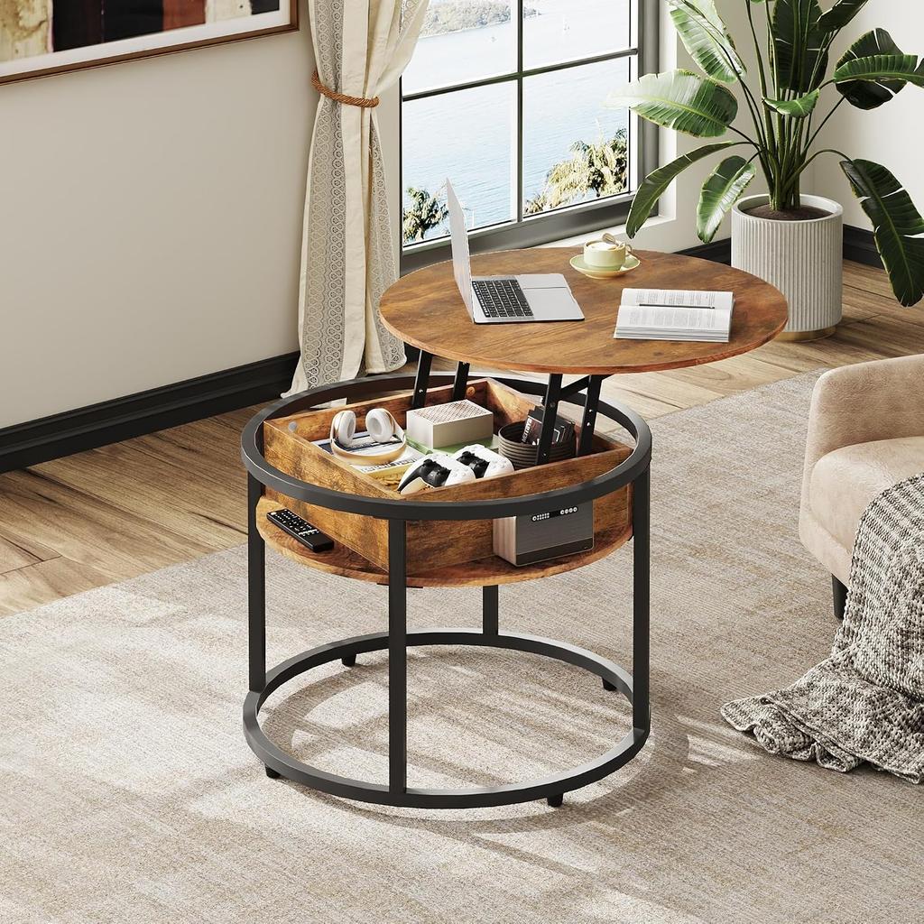 WLIVE Round Coffee Table with Lifting Plate, Living Room Table Height Adjustable with Storage Space, 60 x 60 x 50 cm, Coffee Table for Living Room