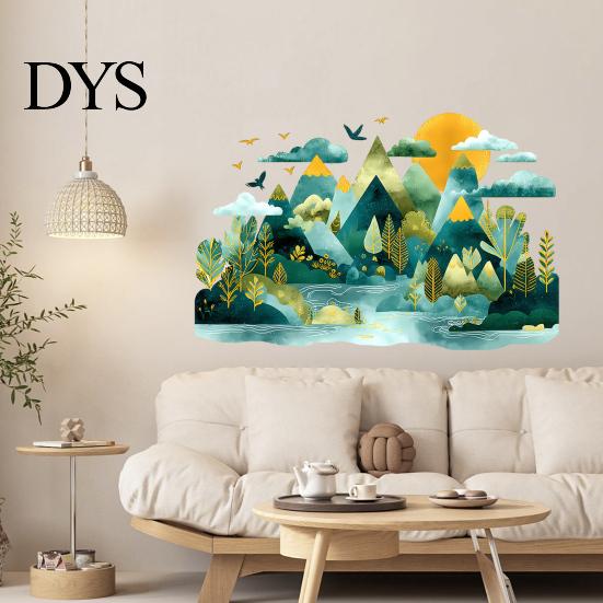 Modern Nature Wall Murals 2Pcs Watercolor Mountain Sticker, Peel And Stick Landscape Decal, PVC Waterproof Scenery Removable Forest Mural, art