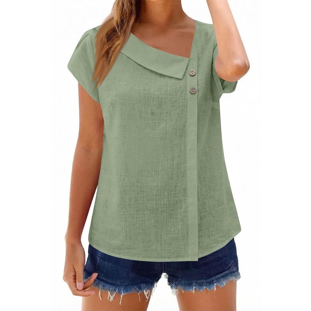 Womens Cotton Linen Tops Asymmetric Neck Short Sleeve Shirts With Buttons