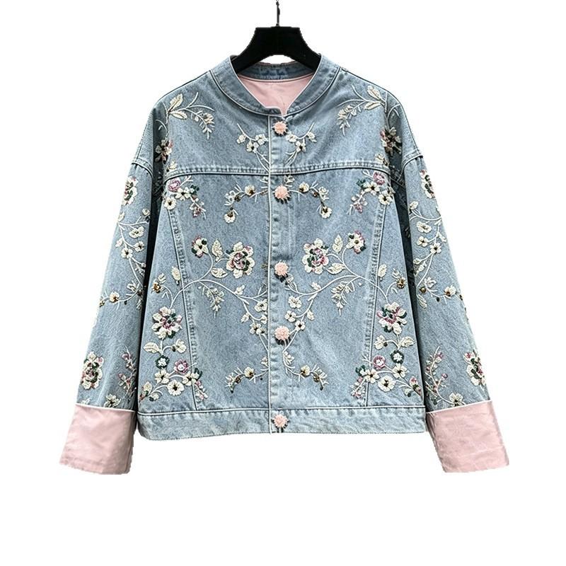 2026 Womens Vintage Denim Jacket Heavy Embroidery 3D Print Streetwear Loose Fit