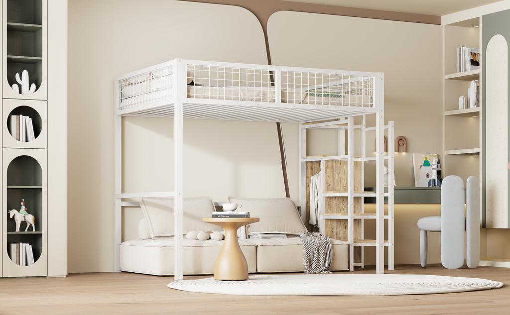 Loft Bed 140*200 with Ladder, Children's Bed with Iron Frame and Storage Shelf, Wardrobe White (Old SKU LDB00198AAK)