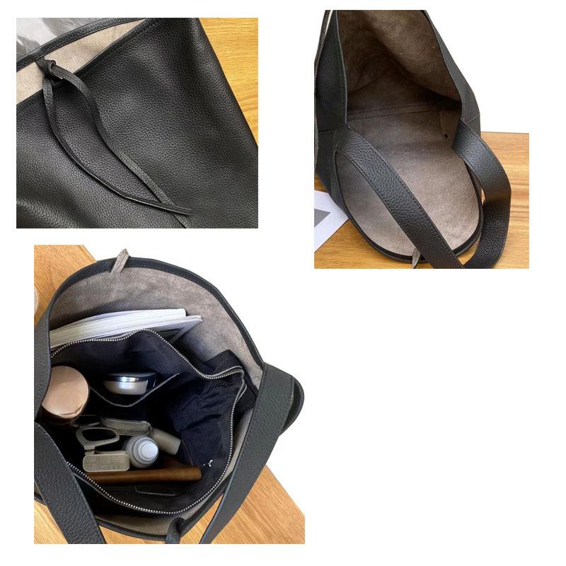 Leather Bag Women's Black Bag Leather Armpit Bag Large Capacity Shoulder Tote Bag Top Layer Cowhide Commuter High-End Sense Bucket Bag