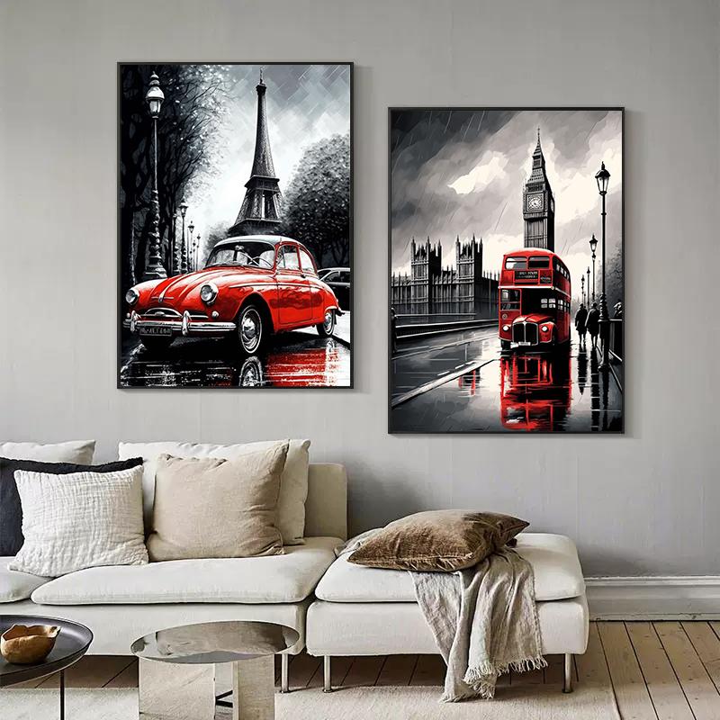 Abstraktes London Paris Bus Auto Eiffelturm Poster Leinwand Malerei Street Art Wand Bild für Wohnzimmer Dekoration