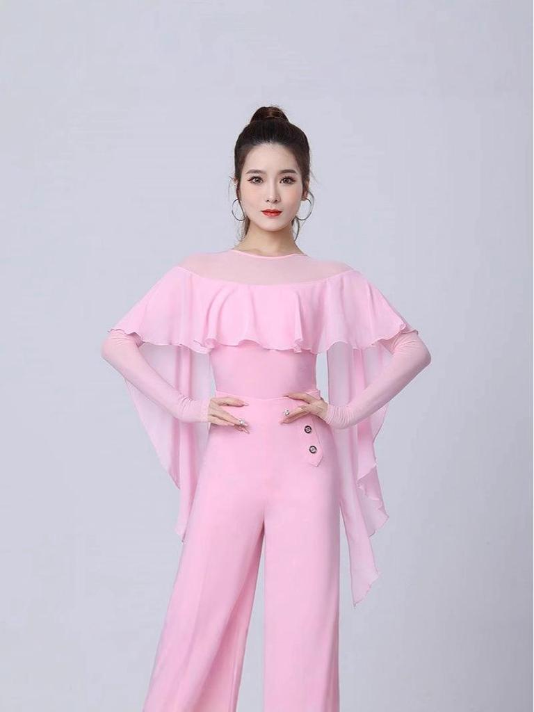 Women's Mesh Splice Ruffle Top Dance Bodysuit for Ballroom & Waltz