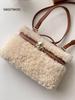 Fuzzy Fleece Crossbody Shoulder Bag Women Faux Leather Trim Zipper Closure Retro Style Daily Handbag