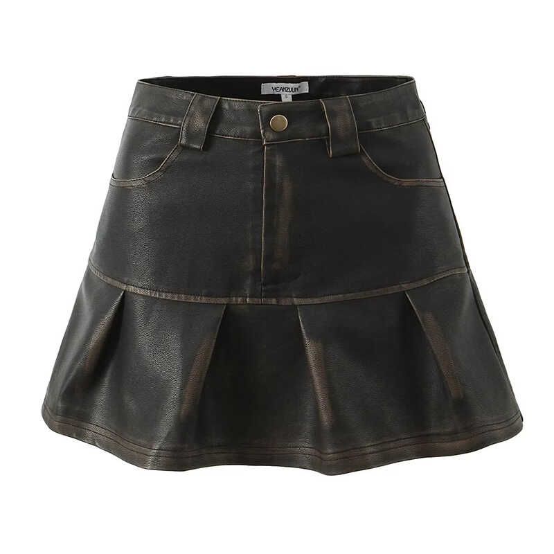 

Modern Block American High Street Gyaru Retro Washed Rub Color Locomotive Leather Coat + Pleated Skirt Leather Skirt Skirt Black Brown overskirt L