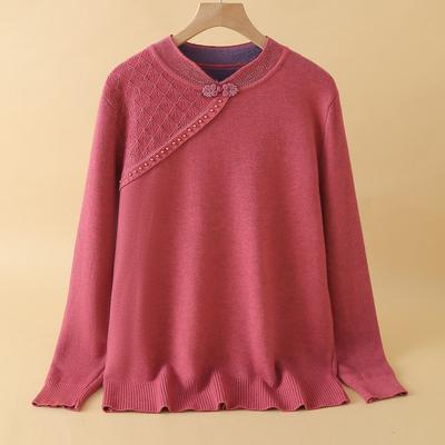 Ältere Mütter tragen Strickoberteile für 50-jährige mittelalte und ältere Frauen, festlicher roter Pullover für Frauen mit Samt, warm für Herbst und Winter