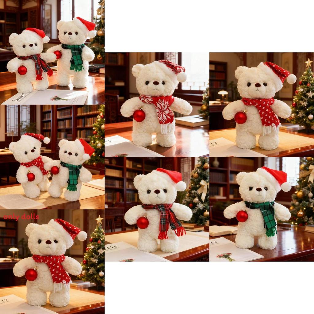 Plysjbjørnleke med skjerf og hattdekor for barn julegave og bursdagspresang