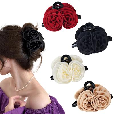 Französische Große Doppelte Rosenblume Haarspangen für Frauen Mädchen Vintage Satin Einfarbiges Gewebe Handgefertigt Hai Haarklammer Zubehör Neu